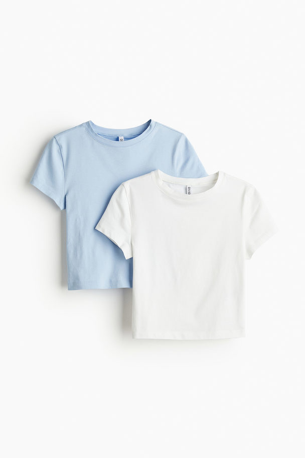 H&M 2-pak Cropped T-shirt Lyseblå/hvid