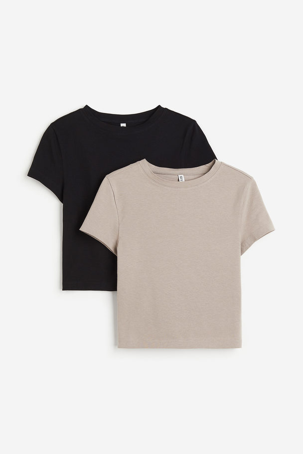 H&M 2-pack Croppad T-shirt Ljus Gråbeige/svart