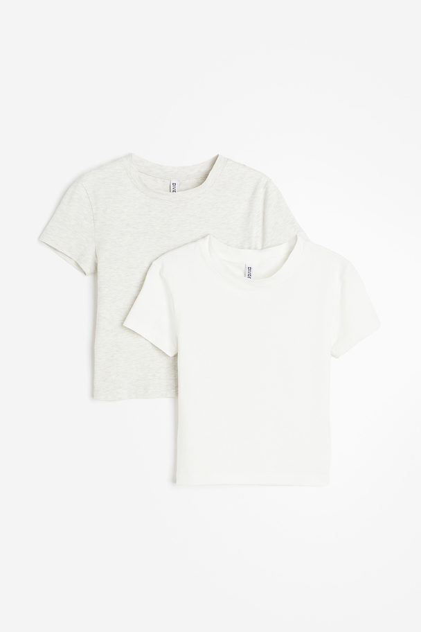 H&M 2er-Pack Cropped T-Shirts Hellgraumeliert/Weiß