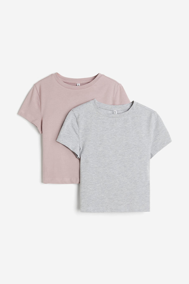 H&M 2-pack Croppad T-shirt Ljusgråmelerad/dimrosa
