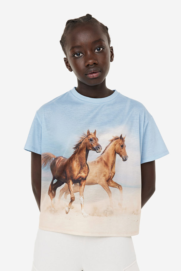 H&M Oversized T-shirt Ljusblå/hästar
