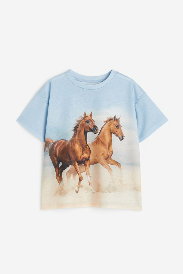 H&M Oversized T-shirt Lichtblauw/paarden