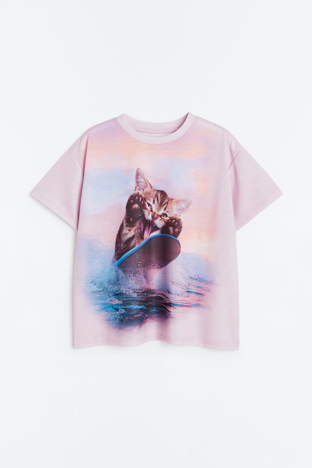 H&M Oversized T-shirt Zachtpaars/surfende Kat