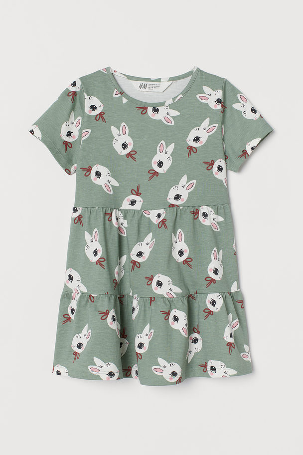 H&M Printed Cotton Dress Light Green/rabbits