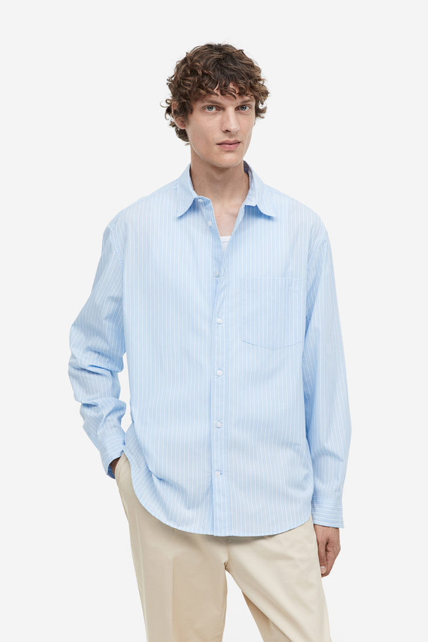 H&M Overhemd Van Popeline - Relaxed Fit Lichtblauw/gestreept