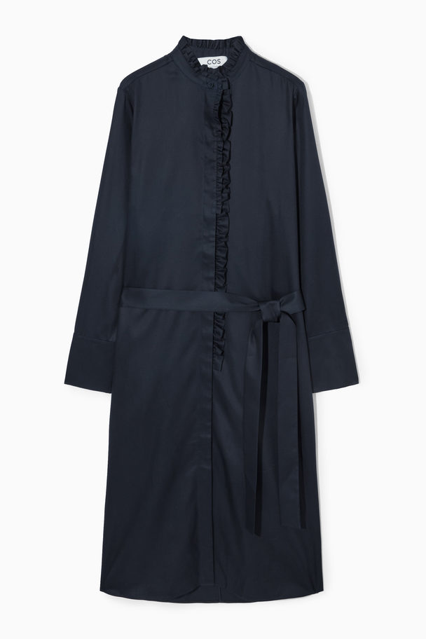 COS Belted Ruffled Midi Shirt Dress Dark Navy