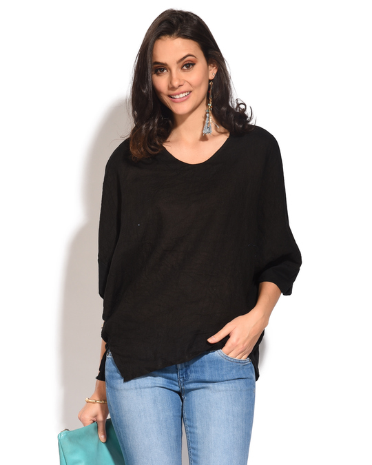 Le Jardin du Lin Bi-material Round Neck Top With Bat-sleeves