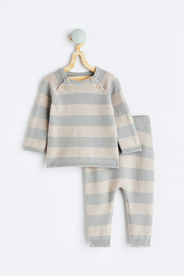 H&M Knitted Jumper And Trousers Beige/grey Striped