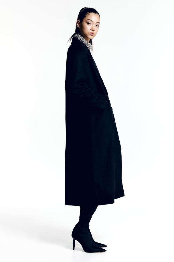 H&M Zweireihiger Mantel aus Twill Schwarz