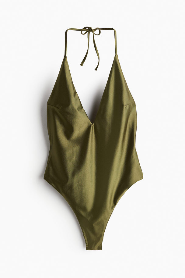 H&M Halterneck Swimsuit Dark Khaki Green