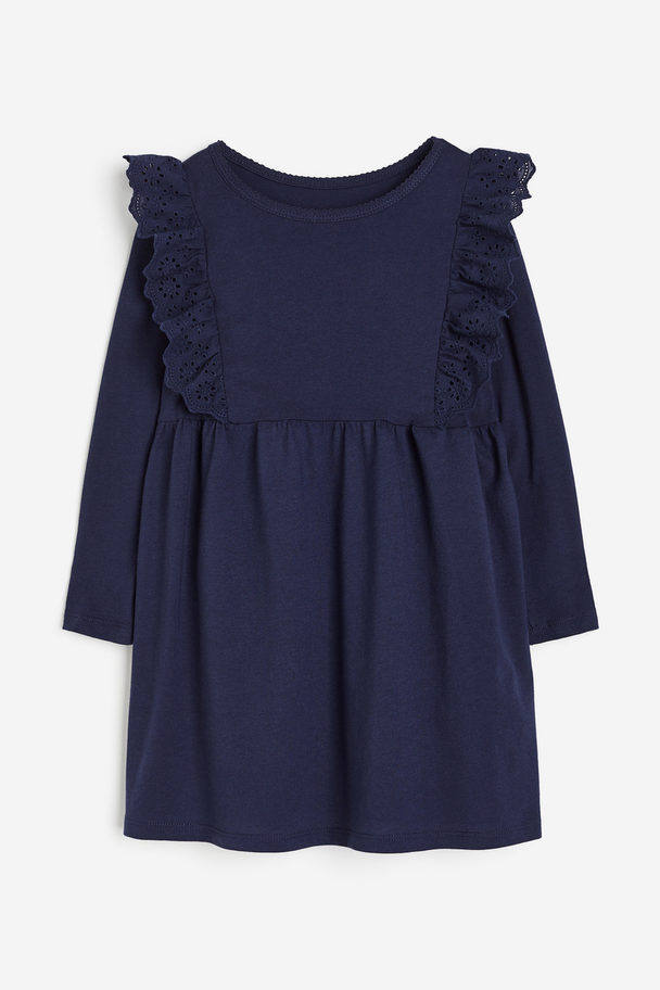 H&M Flounce-trimmed Jersey Dress Dark Blue