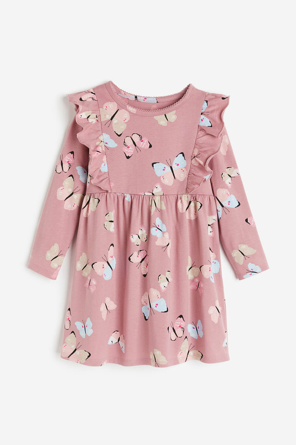 H&M Flounce-trimmed Jersey Dress Dusty Pink/butterflies