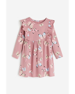 Flounce-trimmed Jersey Dress Dusty Pink/butterflies