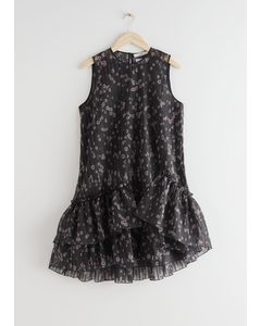 Voluminous Asymmetric Ruffle Mini Dress Black Print