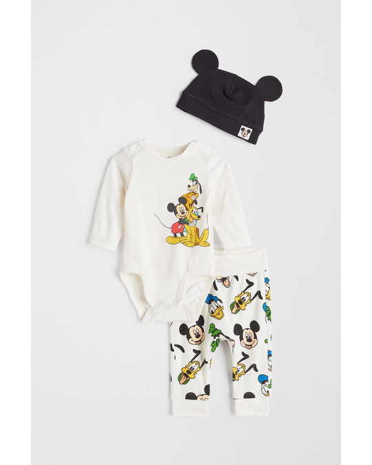 H&M 3-piece Jersey Set Natural White/mickey Mouse