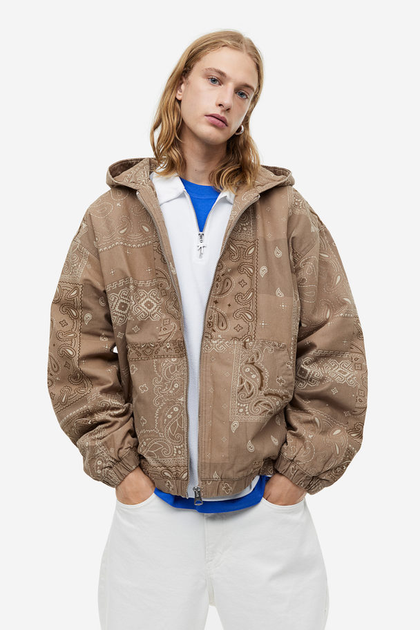 H&M Loose Fit Hooded Canvas Jacket Beige/paisley-patterned