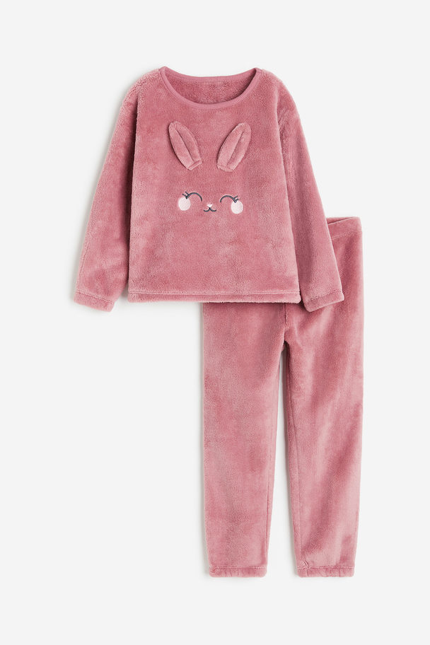 H&M Schlafanzug aus Teddyfleece Rosa/Kaninchen