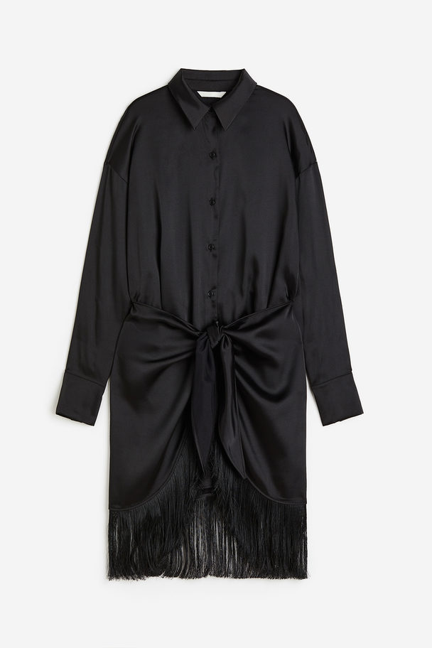 H&M Fringe-trimmed Shirt Dress Black