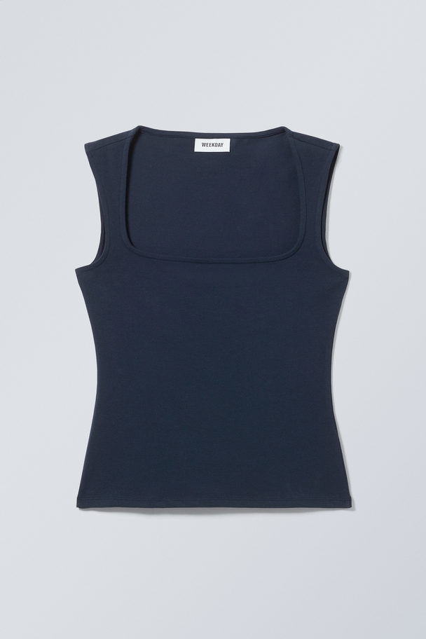 Weekday Antonia Square Neck Top Dark Blue