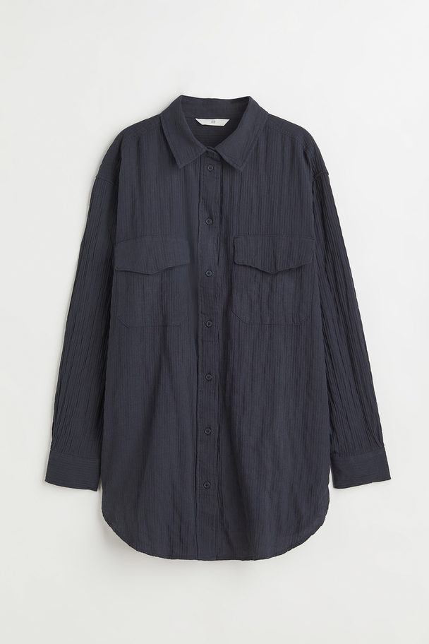H&M Crinkled Cotton Shirt Grey-black
