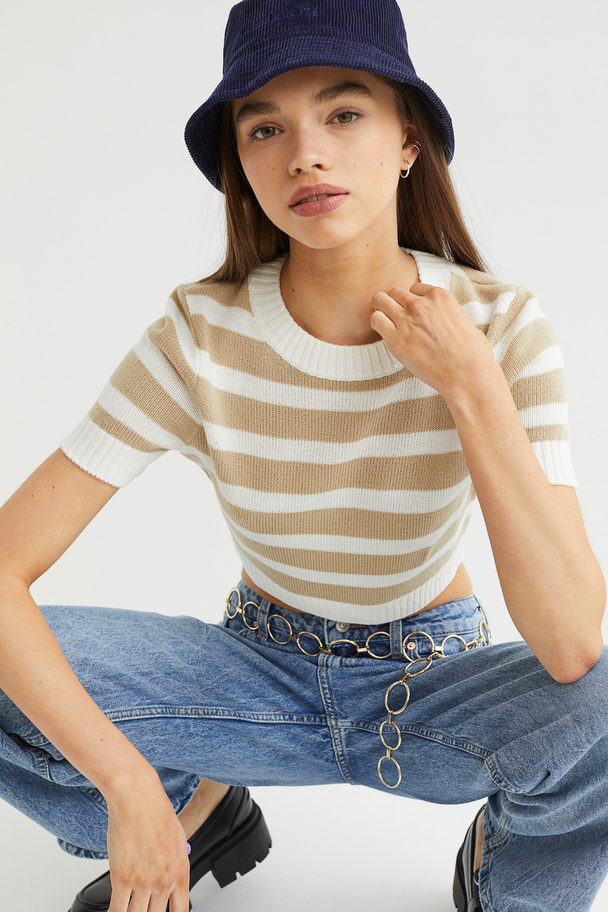 H&M Knitted Cropped Top Beige/white Striped