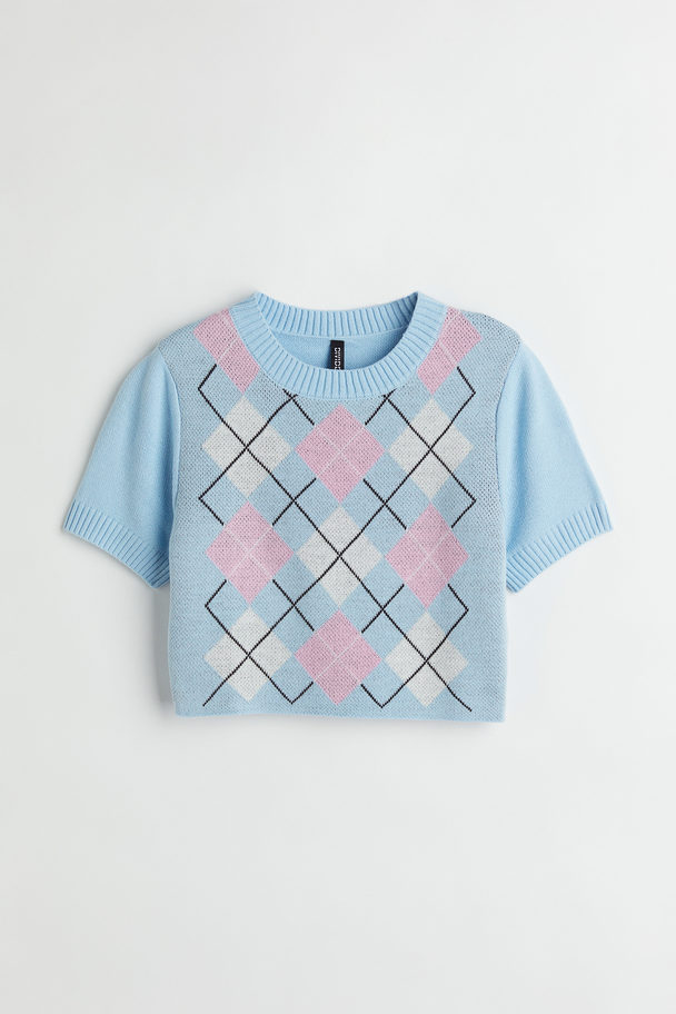 H&M Knitted Cropped Top Light Blue/argyle Pattern