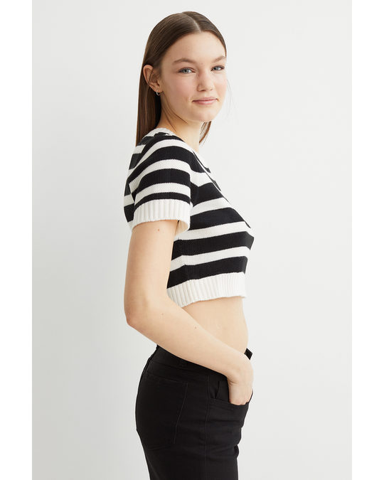 H&M Knitted Cropped Top Black/white Striped