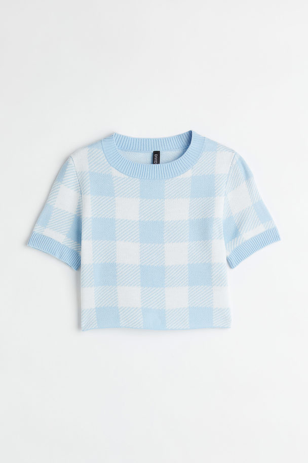 H&M Knitted Cropped Top Light Blue/white Checked