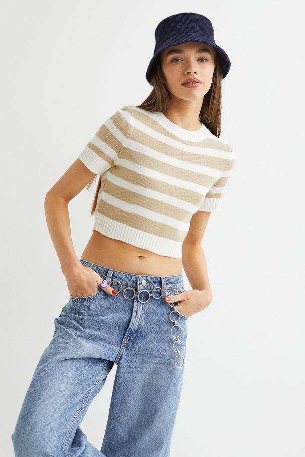 H&M Knitted Cropped Top Beige/white Striped