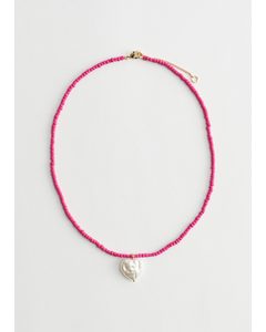 Beaded Heart Charm Necklace Pink/orange.
