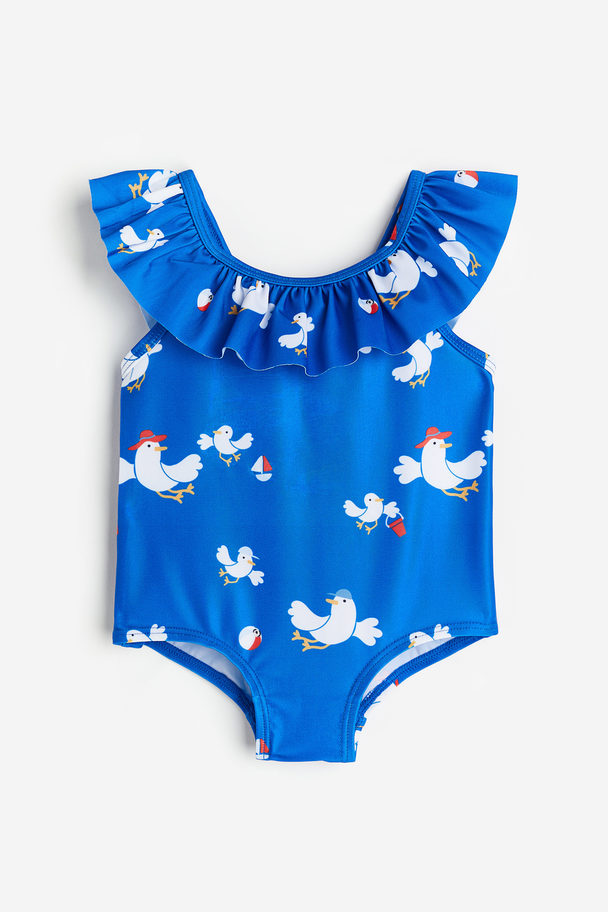 H&M Flounce-trimmed Swimsuit Bright Blue/seagulls