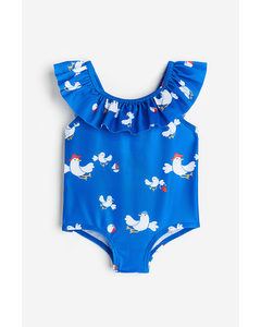 Flounce-trimmed Swimsuit Bright Blue/seagulls