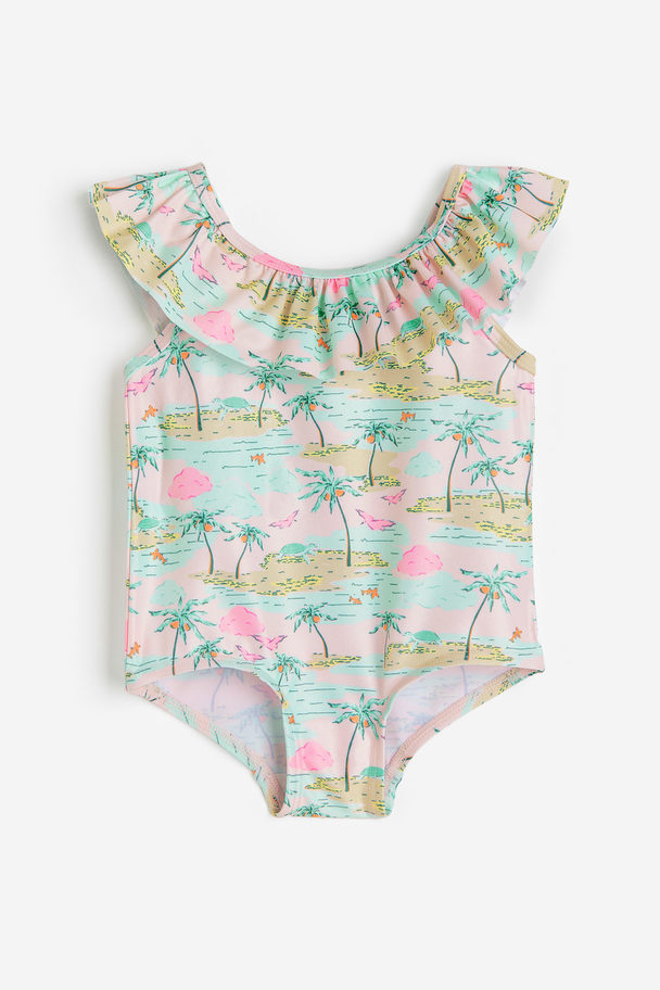 H&M Flounce-trimmed Swimsuit Light Pink/palm Trees