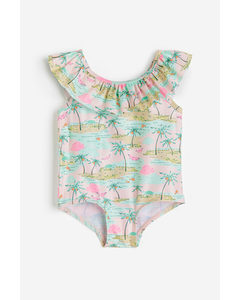 Flounce-trimmed Swimsuit Light Pink/palm Trees