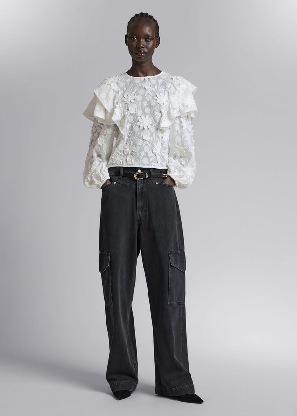 & Other Stories Embroidered Ruffle Blouse White