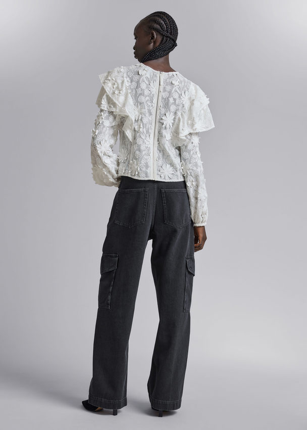 & Other Stories Embroidered Ruffle Blouse White
