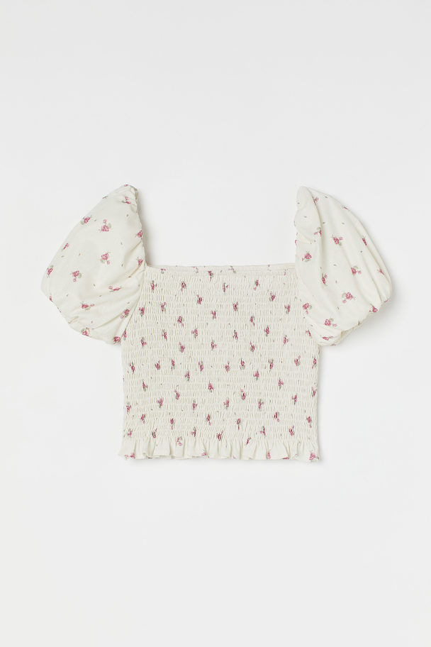 H&M Cropped Puff-sleeved Top Cream/floral
