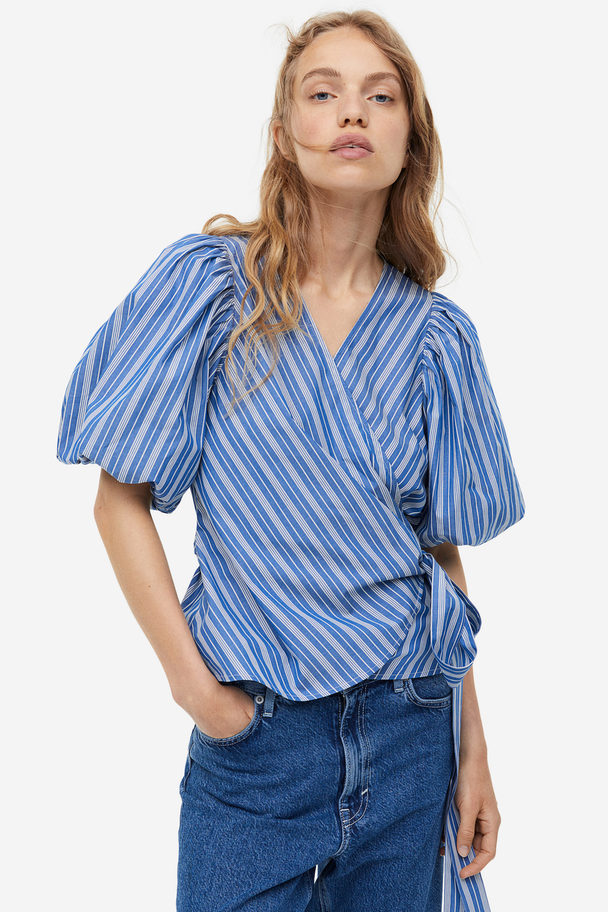 H&M Balloon-sleeved Wrap Blouse Blue/striped