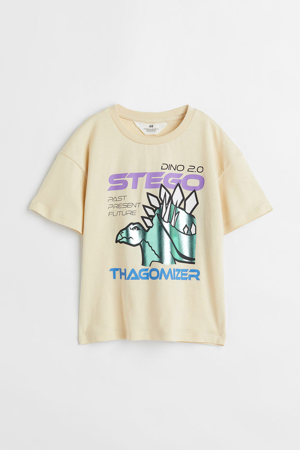 H&M Printed T-shirt Light Beige/stegosaurus