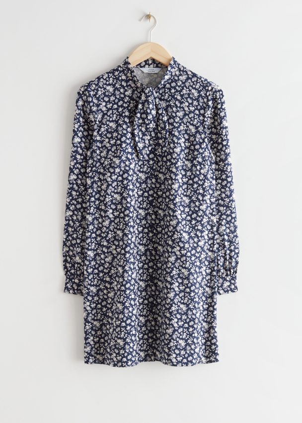 & Other Stories Scarf Collar Mini Dress Blue Florals
