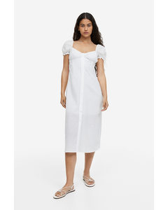Textured-weave Puff-sleeved Dress White