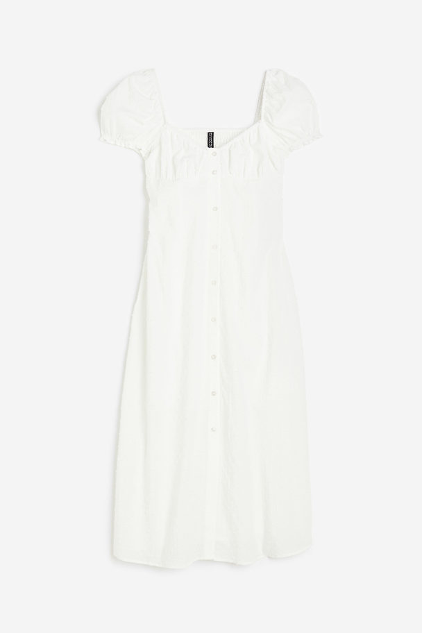 H&M Textured-weave Puff-sleeved Dress White