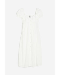 Textured-weave Puff-sleeved Dress White