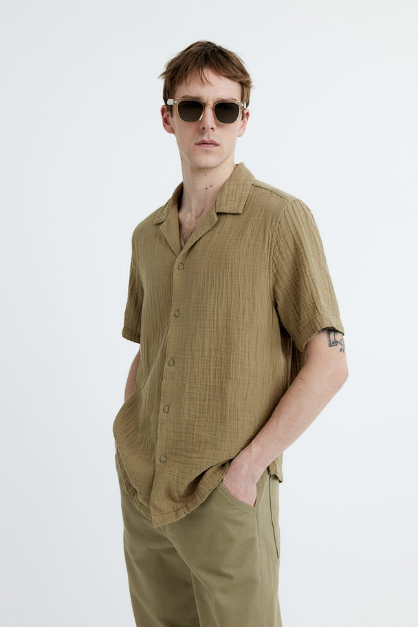 H&M Regular Fit Muslin Resort Shirt Khaki Green