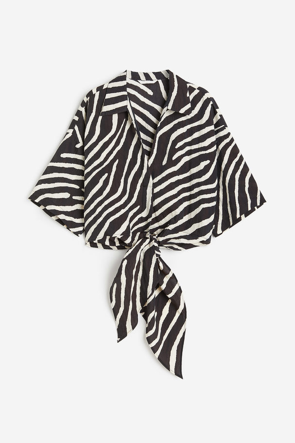 H&M Tie-detail Blouse Dark Brown/zebra Print