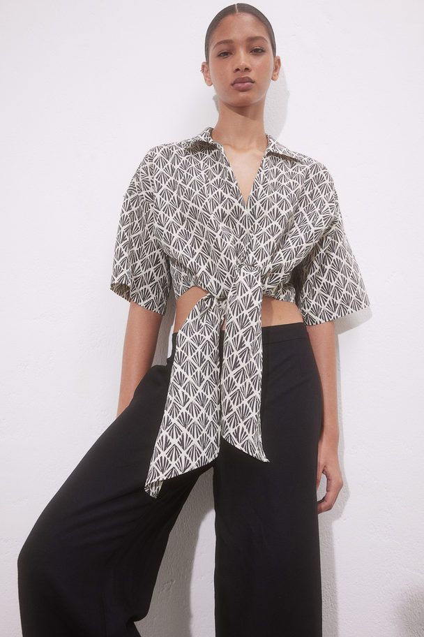 H&M Tie-detail Blouse Black/patterned