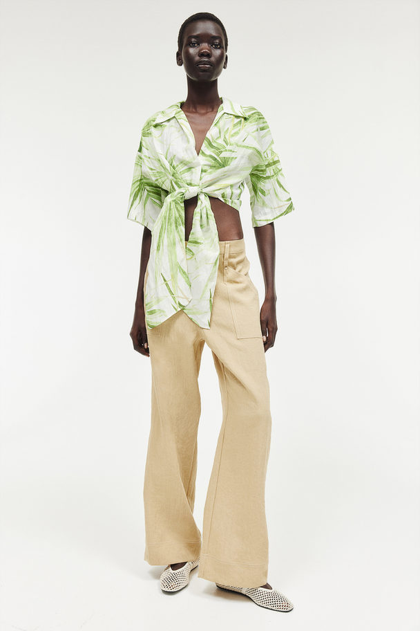 H&M Tie-detail Blouse White/palm Leaves