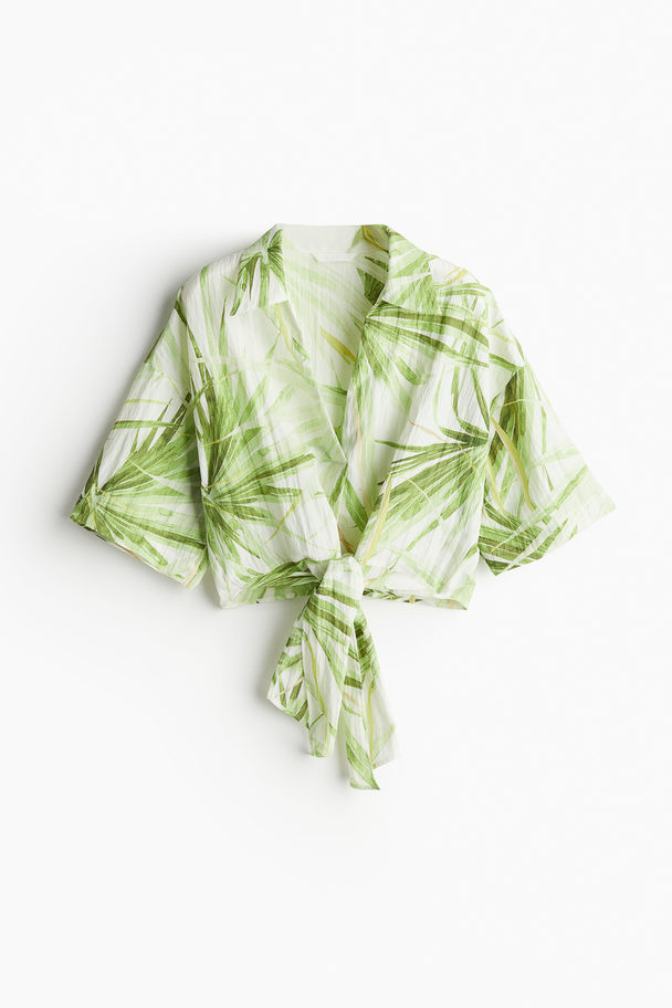 H&M Bluse Med Bindedetalje Hvid/palmeblade