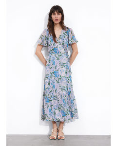 Flutter Sleeve Wrap Midi Dress Light Blue Floral Print
