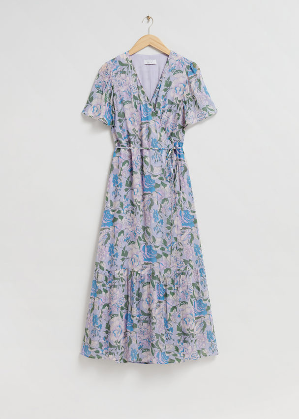 & Other Stories Flutter Sleeve Wrap Midi Dress Light Blue Floral Print
